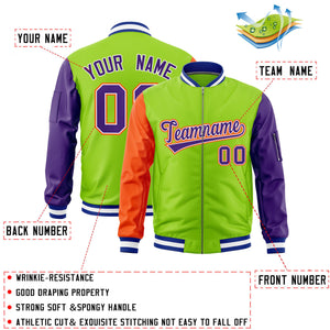 Custom Neon Green Orange Purple Varsity Full-Zip Raglan Sleeves Letterman Bomber Jacket