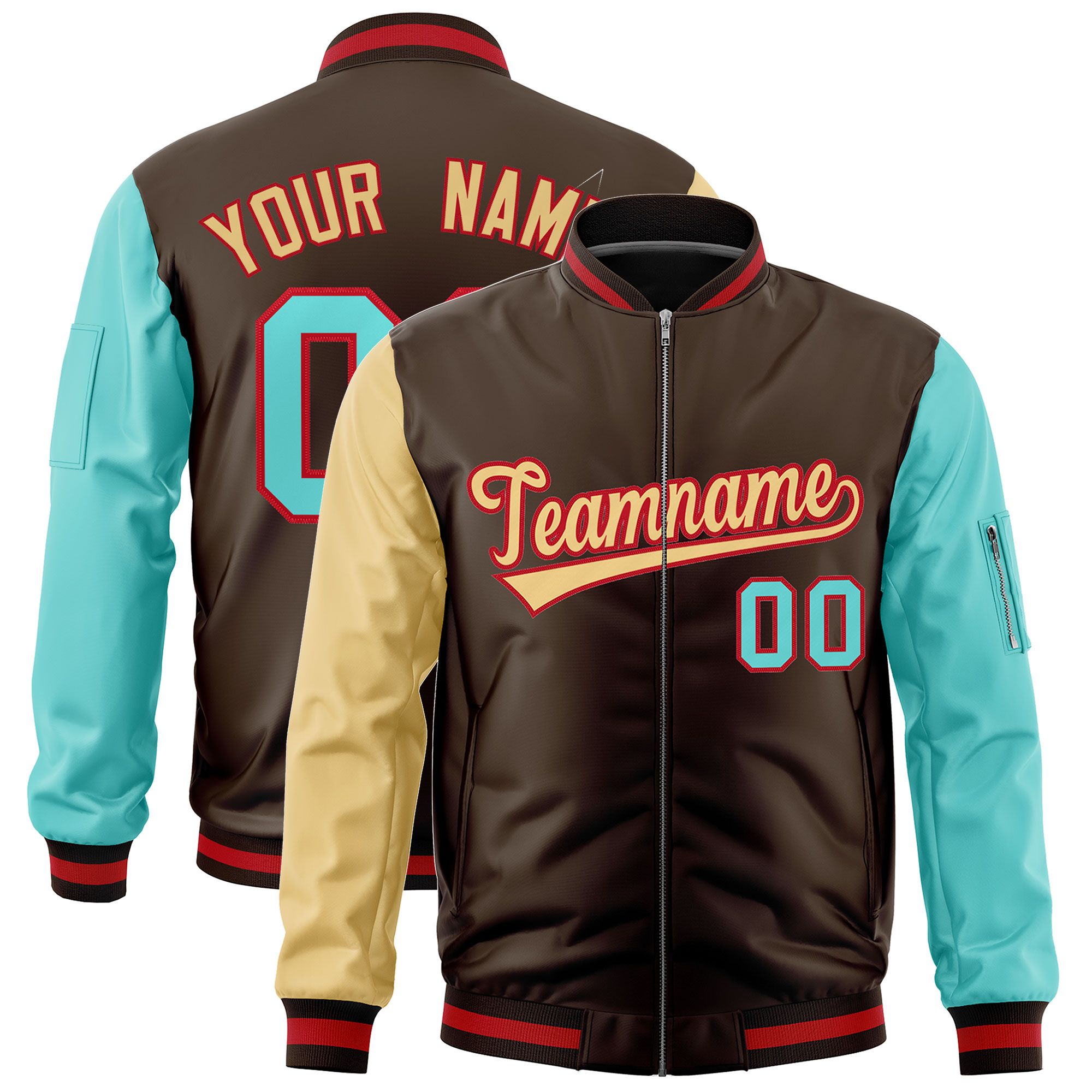 Custom Brown Old Gold Bright Green Varsity Full-Zip Raglan Sleeves Letterman Bomber Jacket