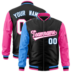 Custom Black Powder Blue Pink Varsity Full-Zip Raglan Sleeves Letterman Bomber Jacket