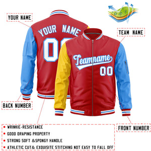 Custom Red Gold Powder Blue Varsity Full-Zip Raglan Sleeves Letterman Bomber Jacket