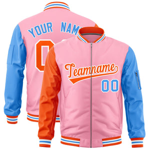 Custom Bright Green Orange Powder Blue Varsity Full-Zip Raglan Sleeves Letterman Bomber Jacket