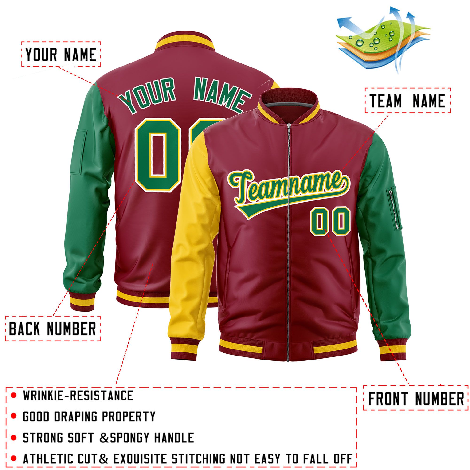 Custom Crimson Gold Kelly Green Varsity Full-Zip Raglan Sleeves Letterman Bomber Jacket