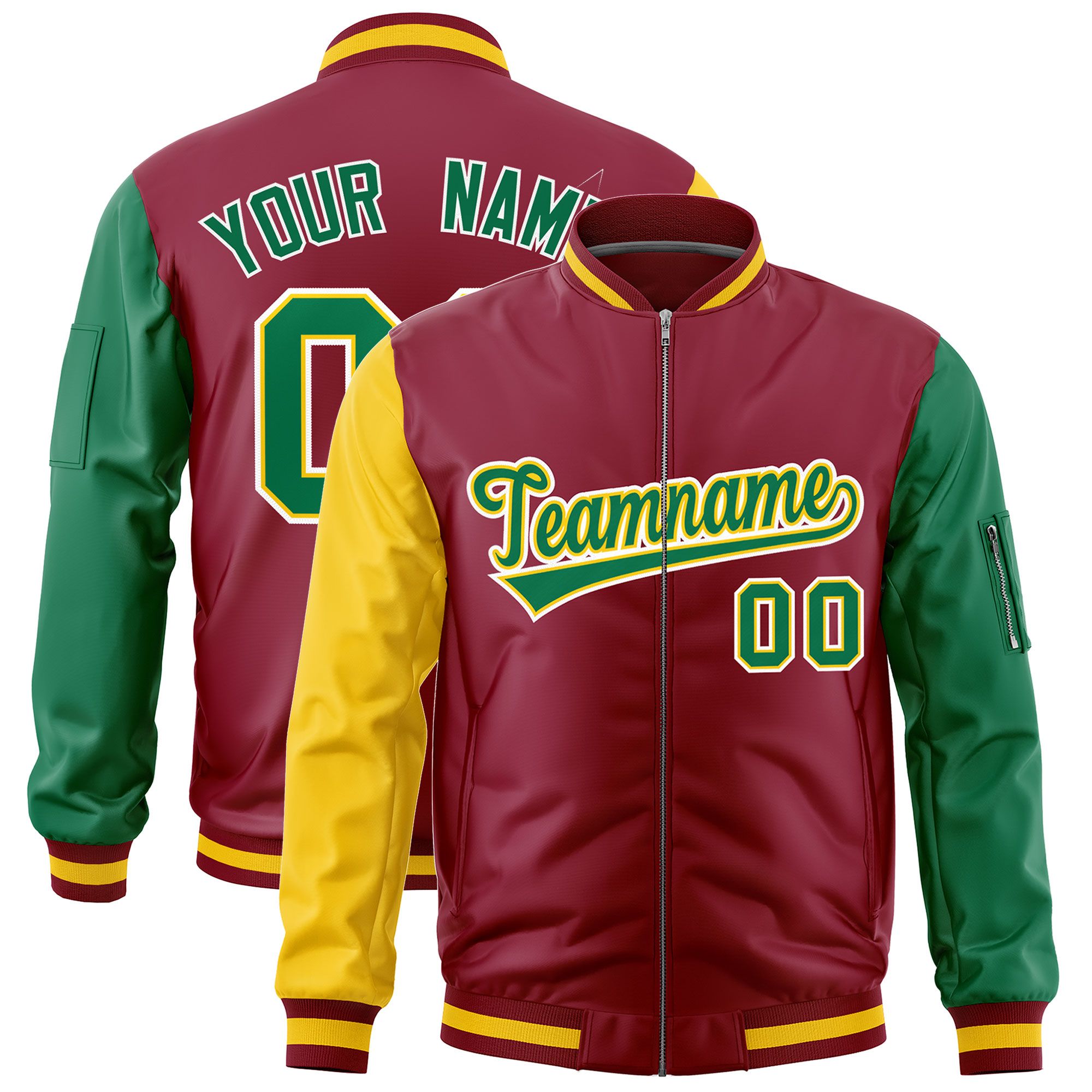 Custom Crimson Gold Kelly Green Varsity Full-Zip Raglan Sleeves Letterman Bomber Jacket