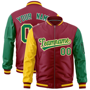 Custom Crimson Gold Kelly Green Varsity Full-Zip Raglan Sleeves Letterman Bomber Jacket