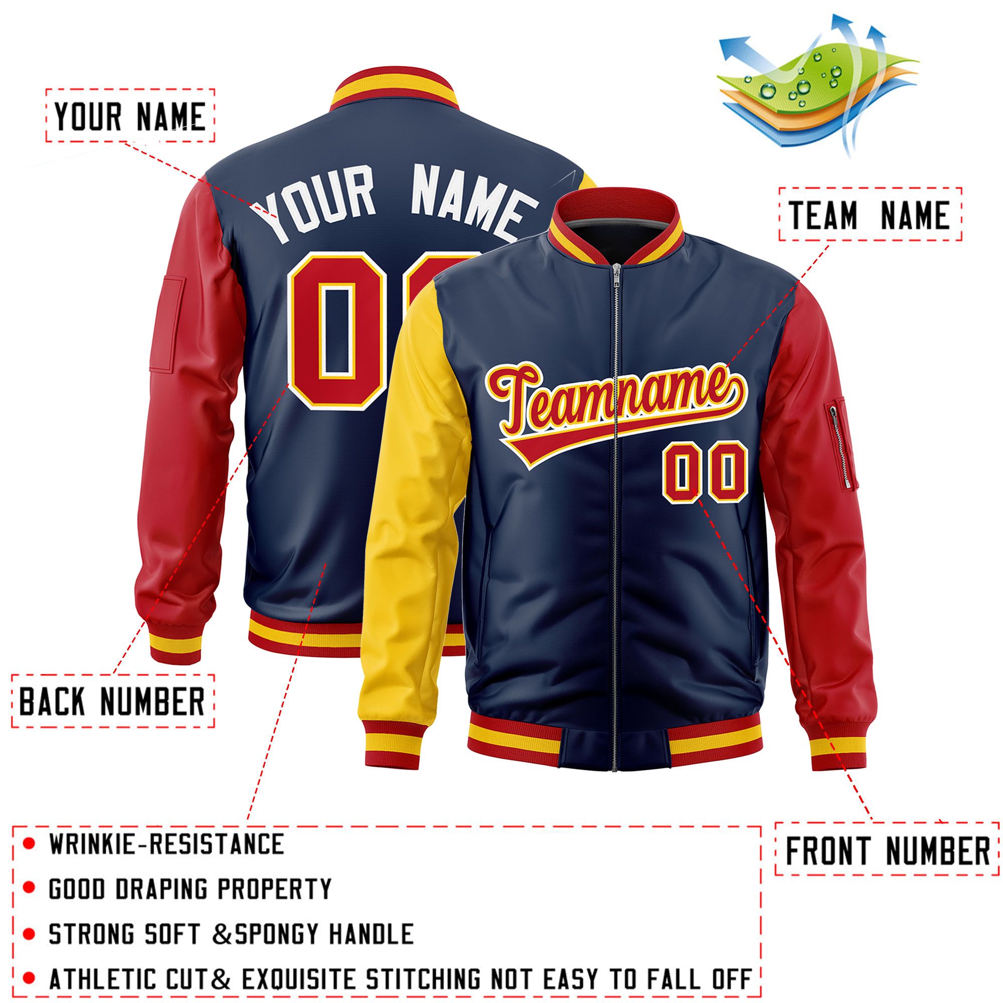 Custom Navy Gold Red Varsity Full-Zip Raglan Sleeves Letterman Bomber Jacket