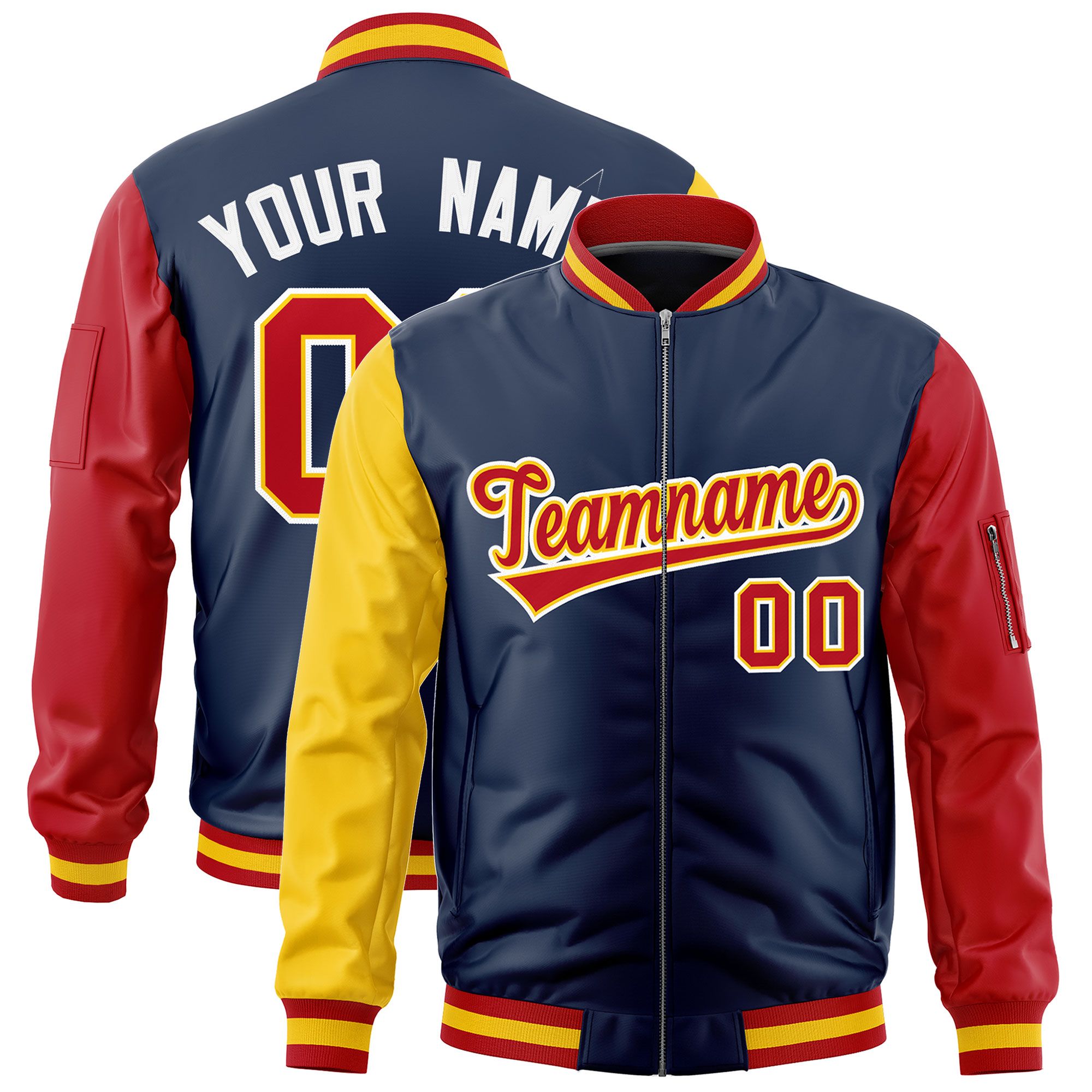 Custom Navy Gold Red Varsity Full-Zip Raglan Sleeves Letterman Bomber Jacket