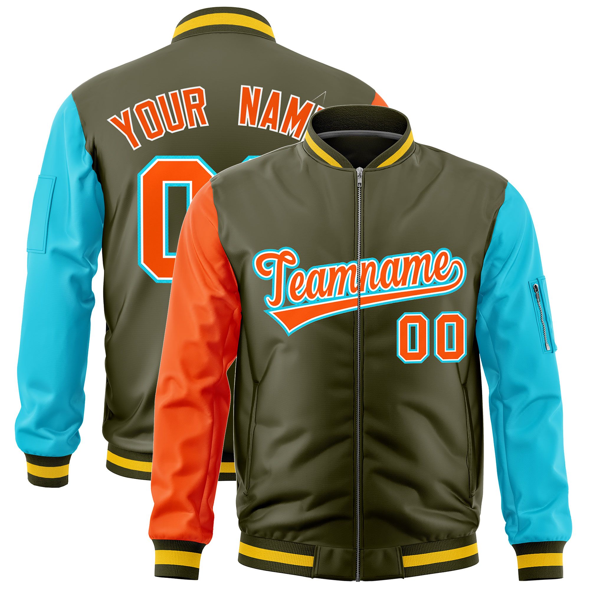 Custom Olive Orange Sky Blue Varsity Full-Zip Raglan Sleeves Letterman Bomber Jacket