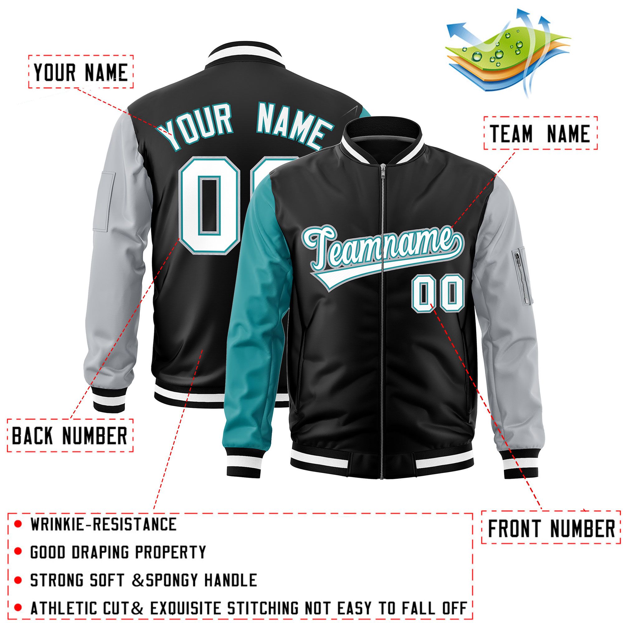 Custom Black Aqua Silver Varsity Full-Zip Raglan Sleeves Letterman Bomber Jacket