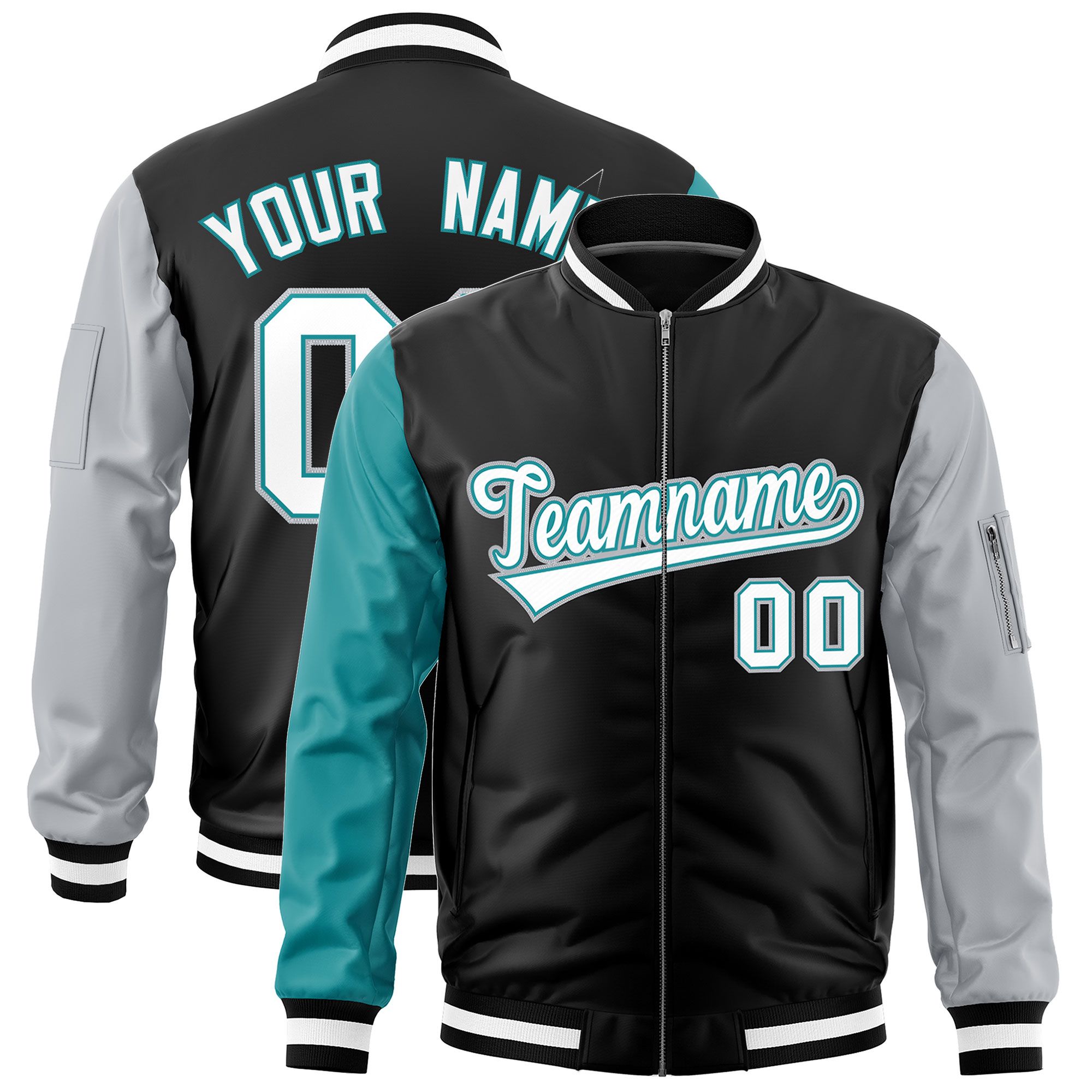 Custom Black Aqua Silver Varsity Full-Zip Raglan Sleeves Letterman Bomber Jacket