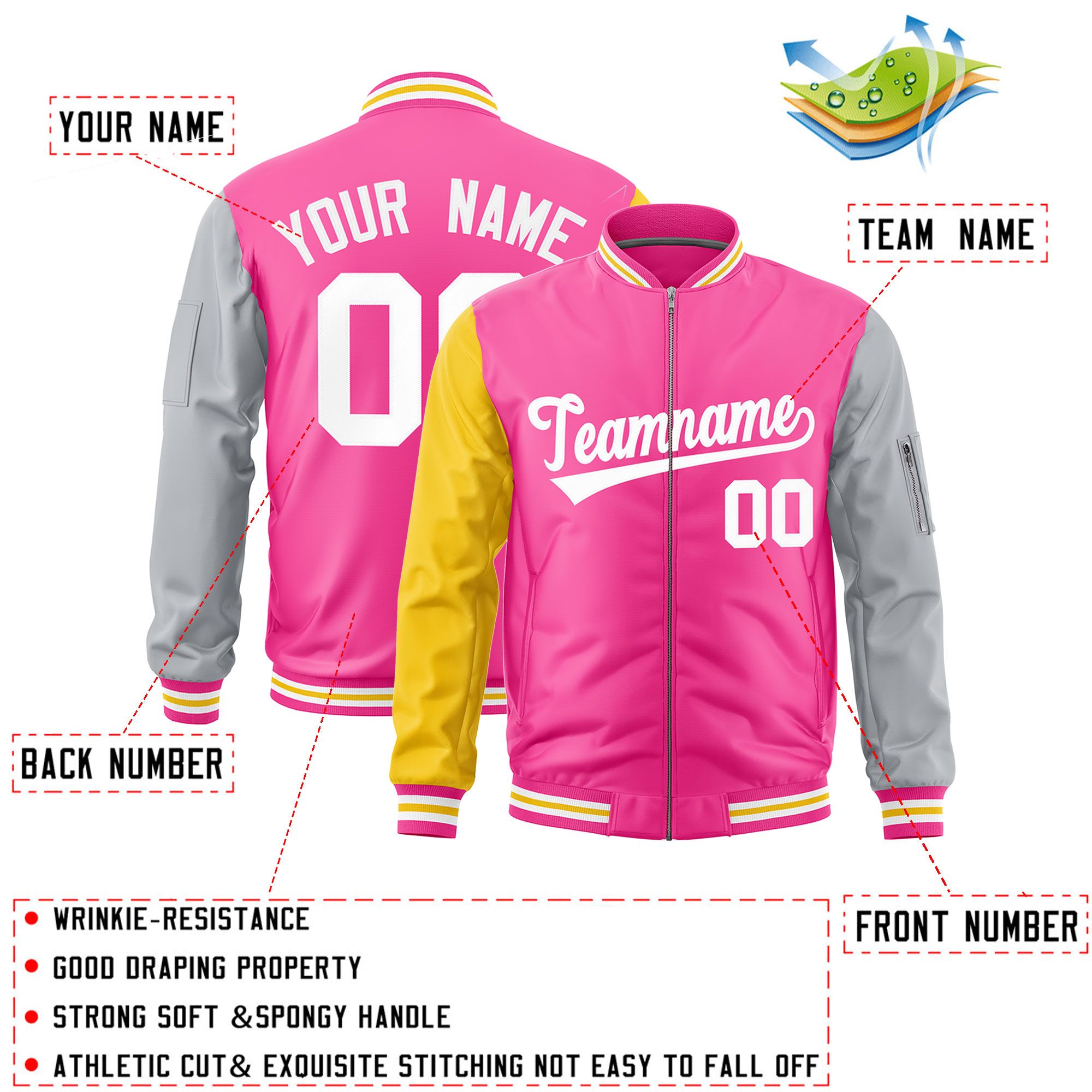 Custom Pink Gold Silver Varsity Full-Zip Raglan Sleeves Letterman Bomber Jacket