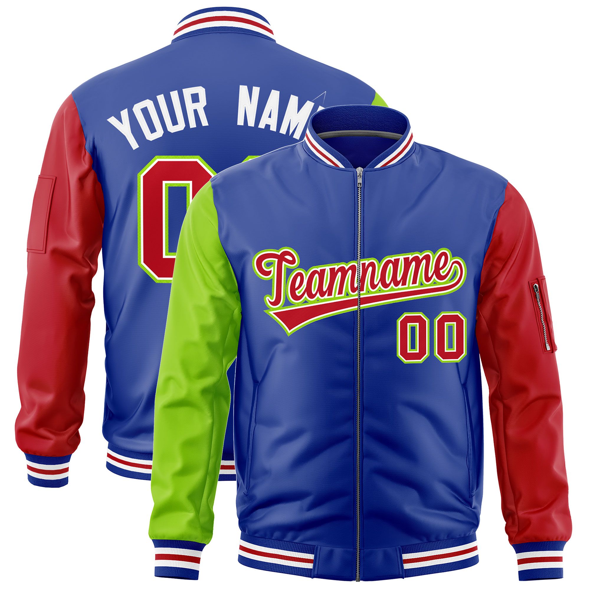 Custom Royal Neon Green Red Varsity Full-Zip Raglan Sleeves Letterman Bomber Jacket