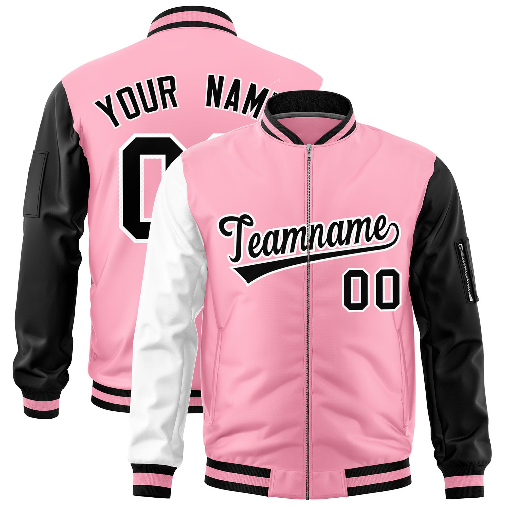 Custom Light Pink White Black Varsity Full-Zip Raglan Sleeves Letterman Bomber Jacket