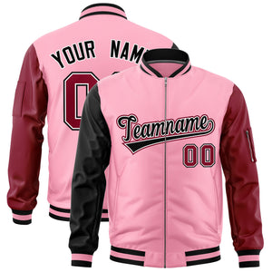 Custom Light Pink Black Crimson Varsity Full-Zip Raglan Sleeves Letterman Bomber Jacket