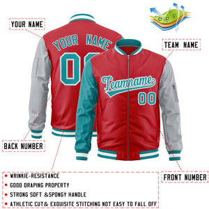 Custom Red Aqua Silver Varsity Full-Zip Raglan Sleeves Letterman Bomber Jacket