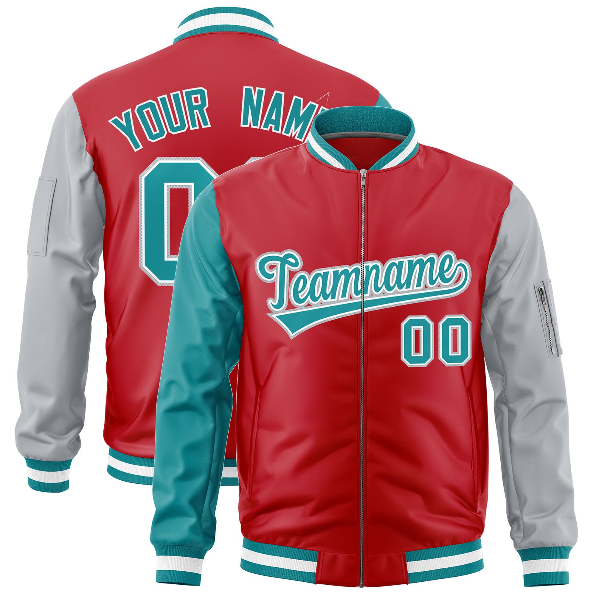 Custom Red Aqua Silver Varsity Full-Zip Raglan Sleeves Letterman Bomber Jacket