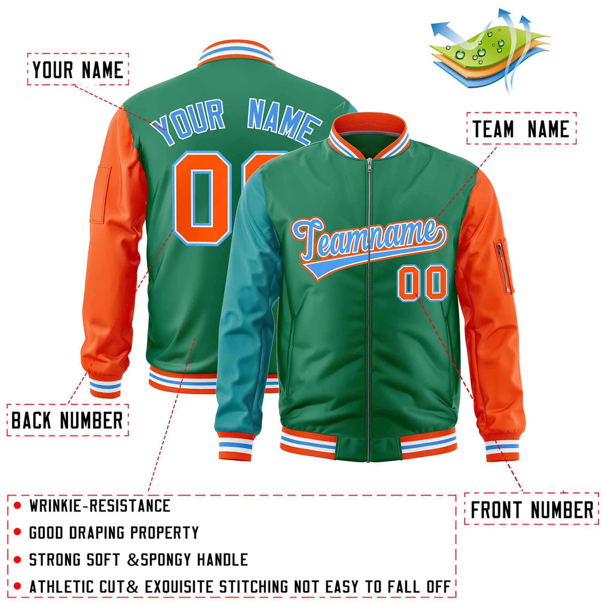 Custom Kelly Green Aqua Orange Varsity Full-Zip Raglan Sleeves Letterman Bomber Jacket