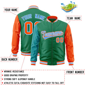 Custom Kelly Green Aqua Orange Varsity Full-Zip Raglan Sleeves Letterman Bomber Jacket