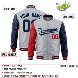 Custom Silver Red Navy Varsity Full-Zip Raglan Sleeves Letterman Bomber Jacket