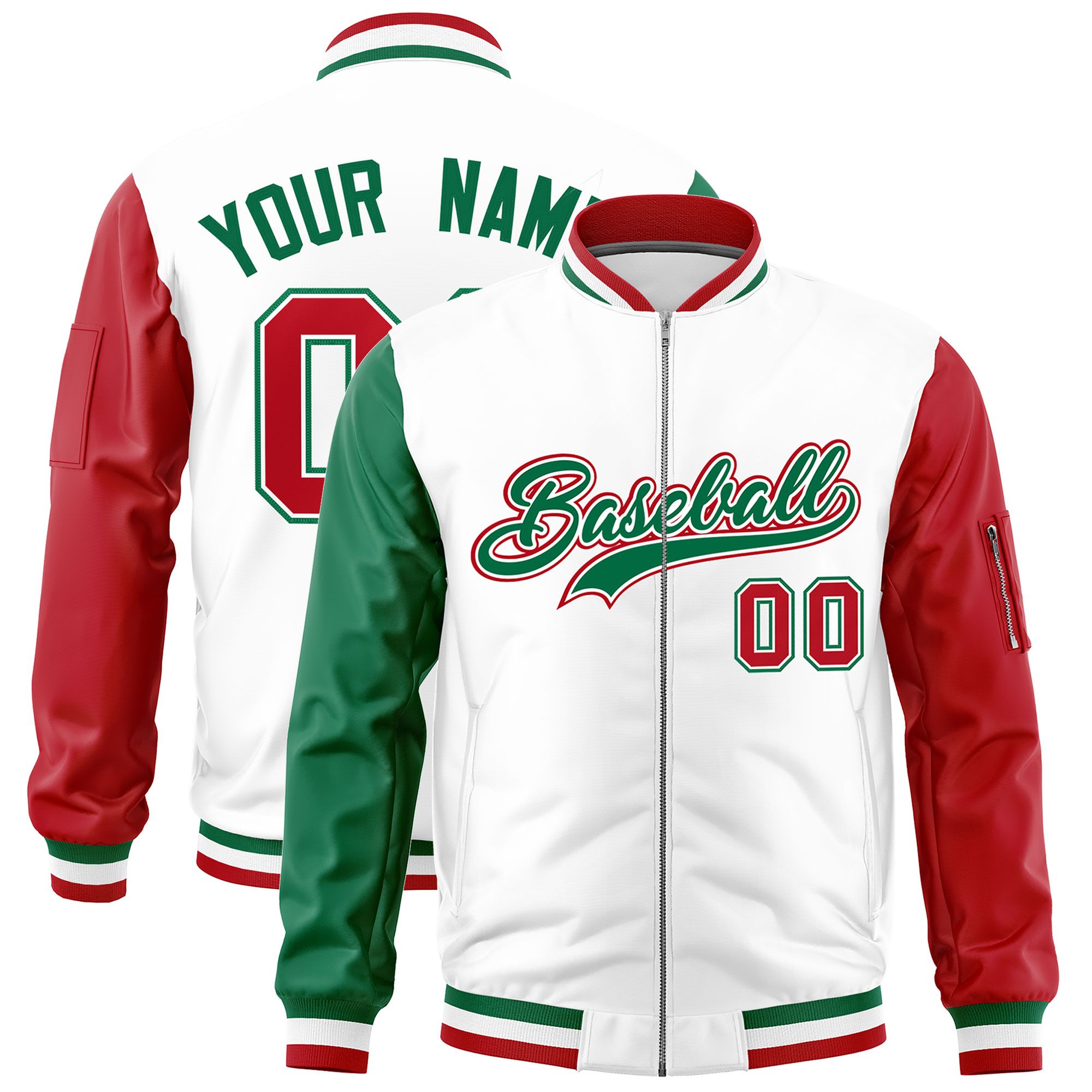 Custom White Kelly Green Red Varsity Full-Zip Raglan Sleeves Letterman Bomber Jacket