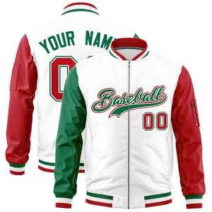 Custom White Kelly Green Red Varsity Full-Zip Raglan Sleeves Letterman Bomber Jacket