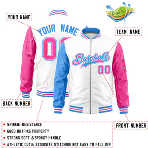 Custom White Powder Blue Pink Varsity Full-Zip Raglan Sleeves Letterman Bomber Jacket