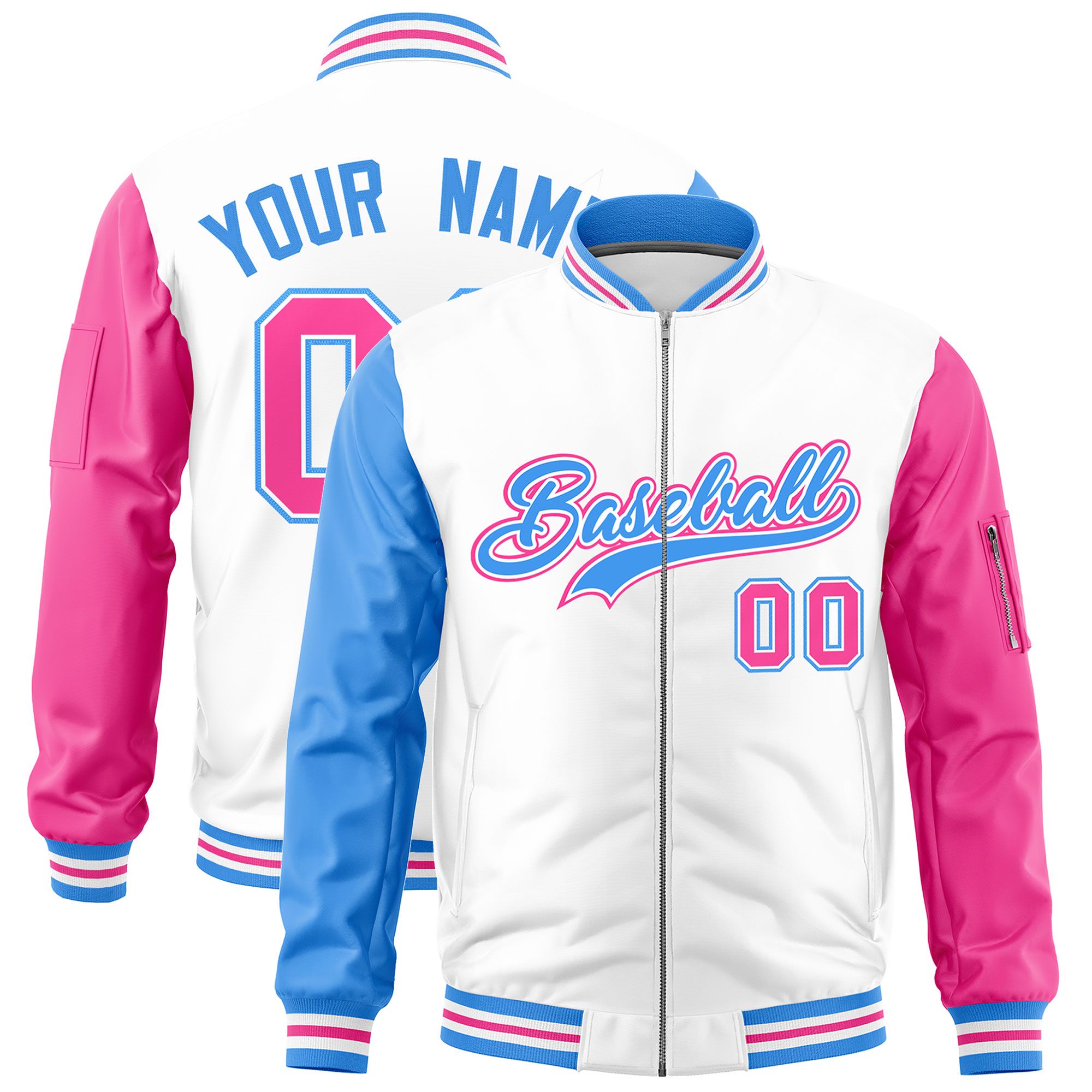 Custom White Powder Blue Pink Varsity Full-Zip Raglan Sleeves Letterman Bomber Jacket