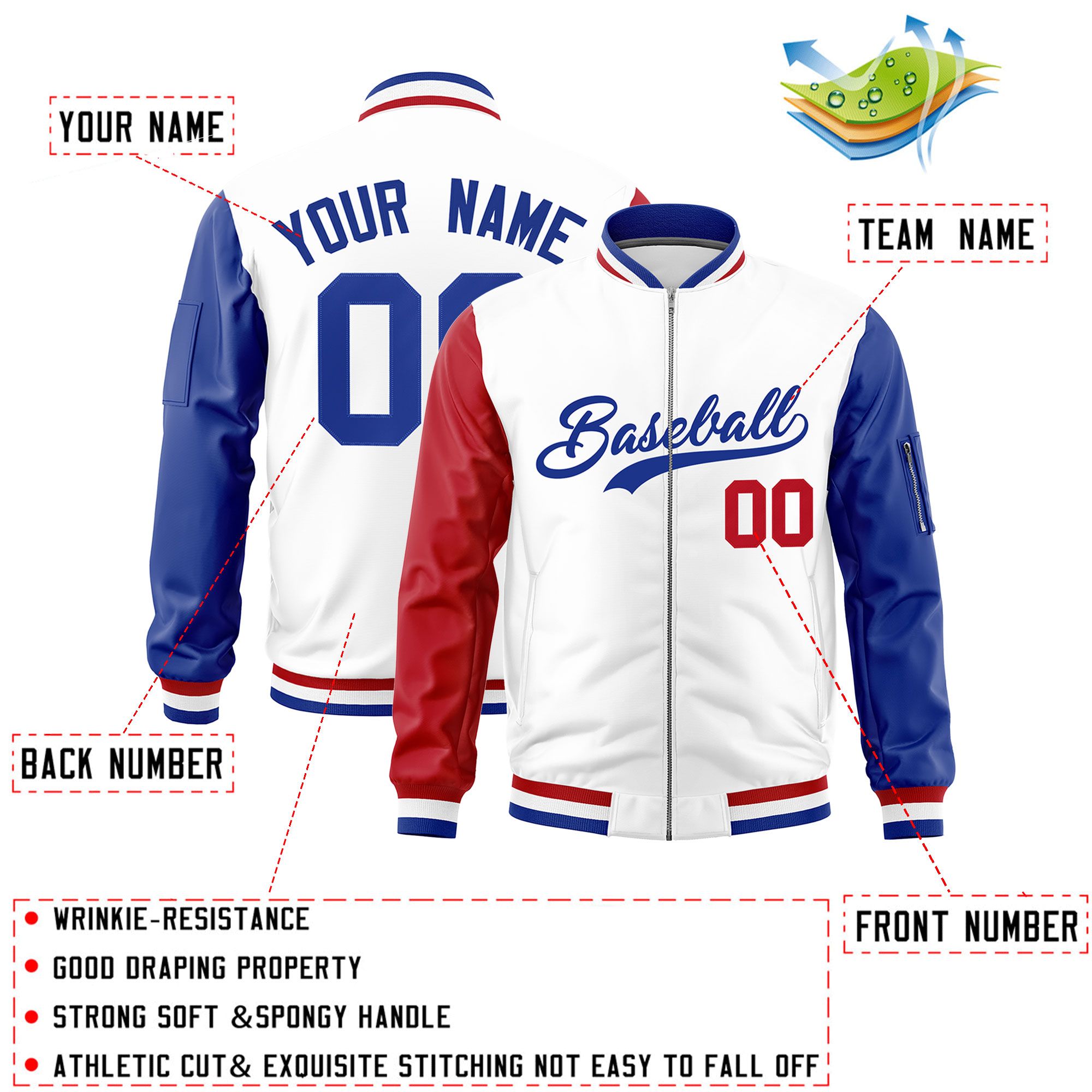 Custom White Red Royal Varsity Full-Zip Raglan Sleeves Letterman Bomber Jacket