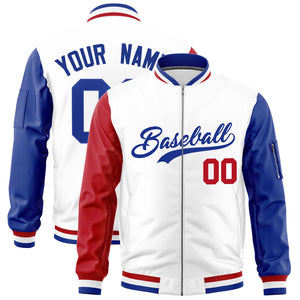 Custom White Red Royal Varsity Full-Zip Raglan Sleeves Letterman Bomber Jacket