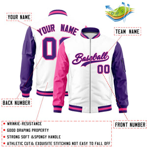 Custom White Pink Purple Varsity Full-Zip Raglan Sleeves Letterman Bomber Jacket