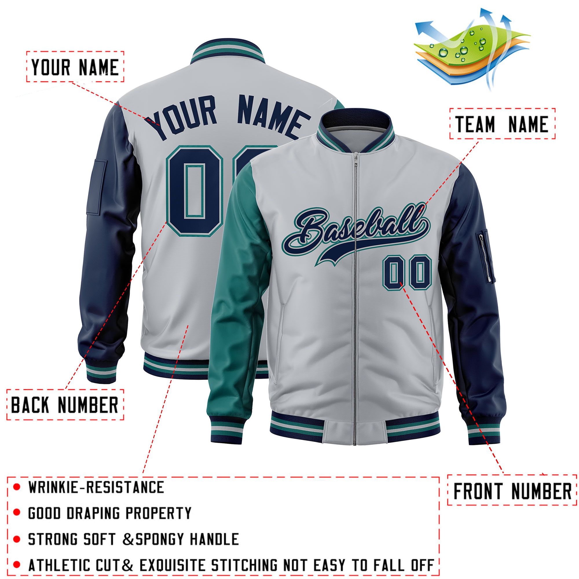 Custom Silver Aqua Navy Varsity Full-Zip Raglan Sleeves Letterman Bomber Jacket