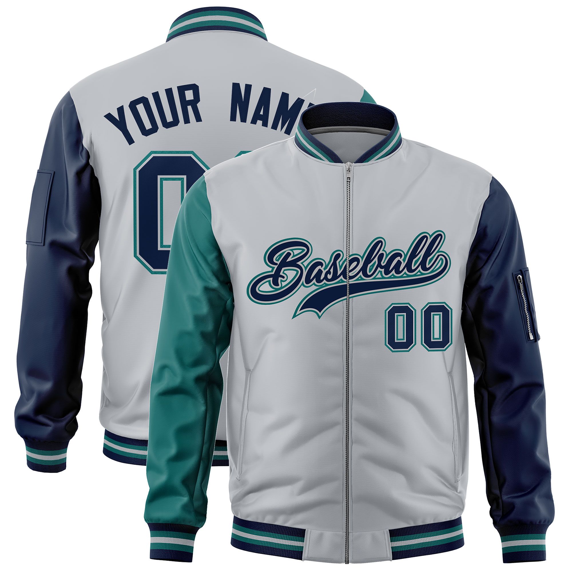 Custom Silver Aqua Navy Varsity Full-Zip Raglan Sleeves Letterman Bomber Jacket