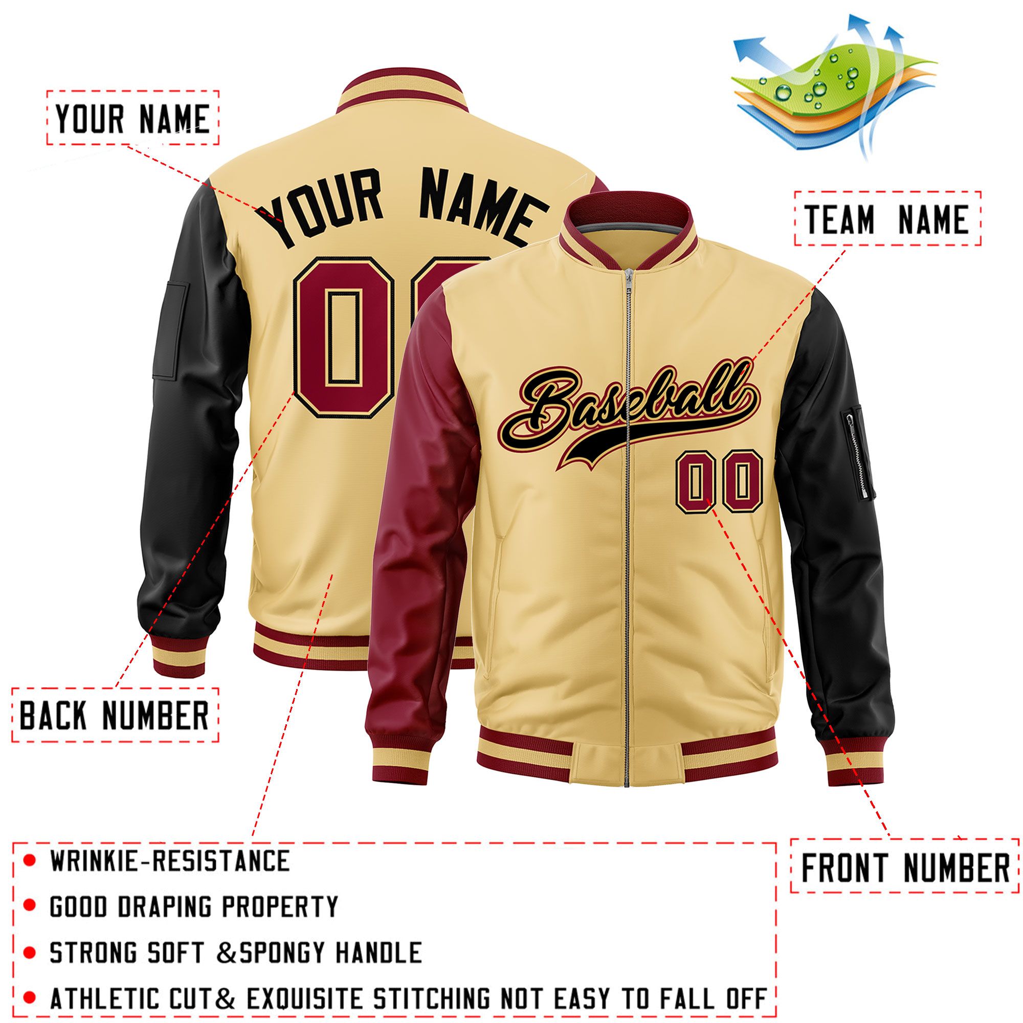 Custom Khaki Crimson Black Varsity Full-Zip Raglan Sleeves Letterman Bomber Jacket