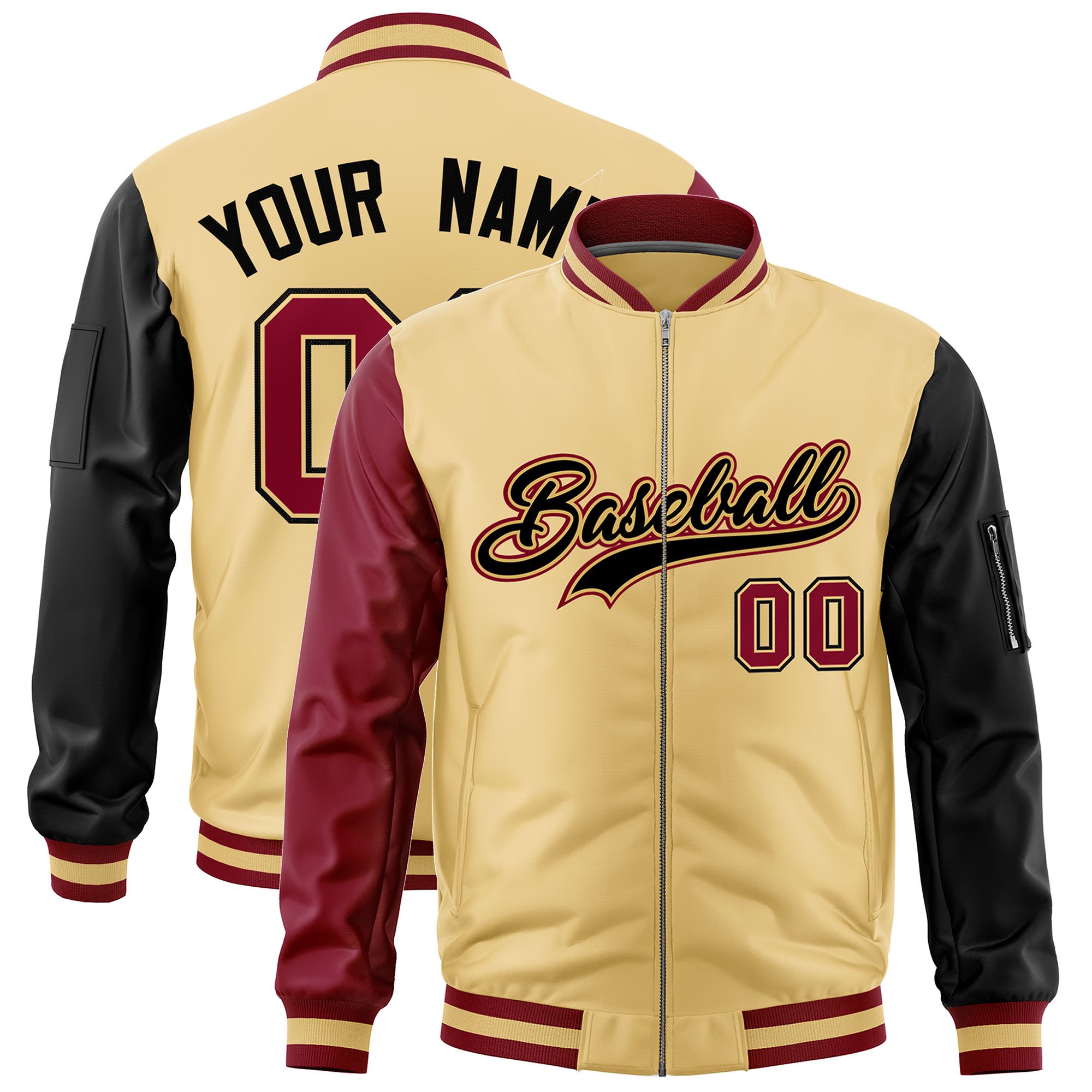 Custom Khaki Crimson Black Varsity Full-Zip Raglan Sleeves Letterman Bomber Jacket