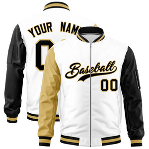 Custom White Old Gold Black Varsity Full-Zip Raglan Sleeves Letterman Bomber Jacket