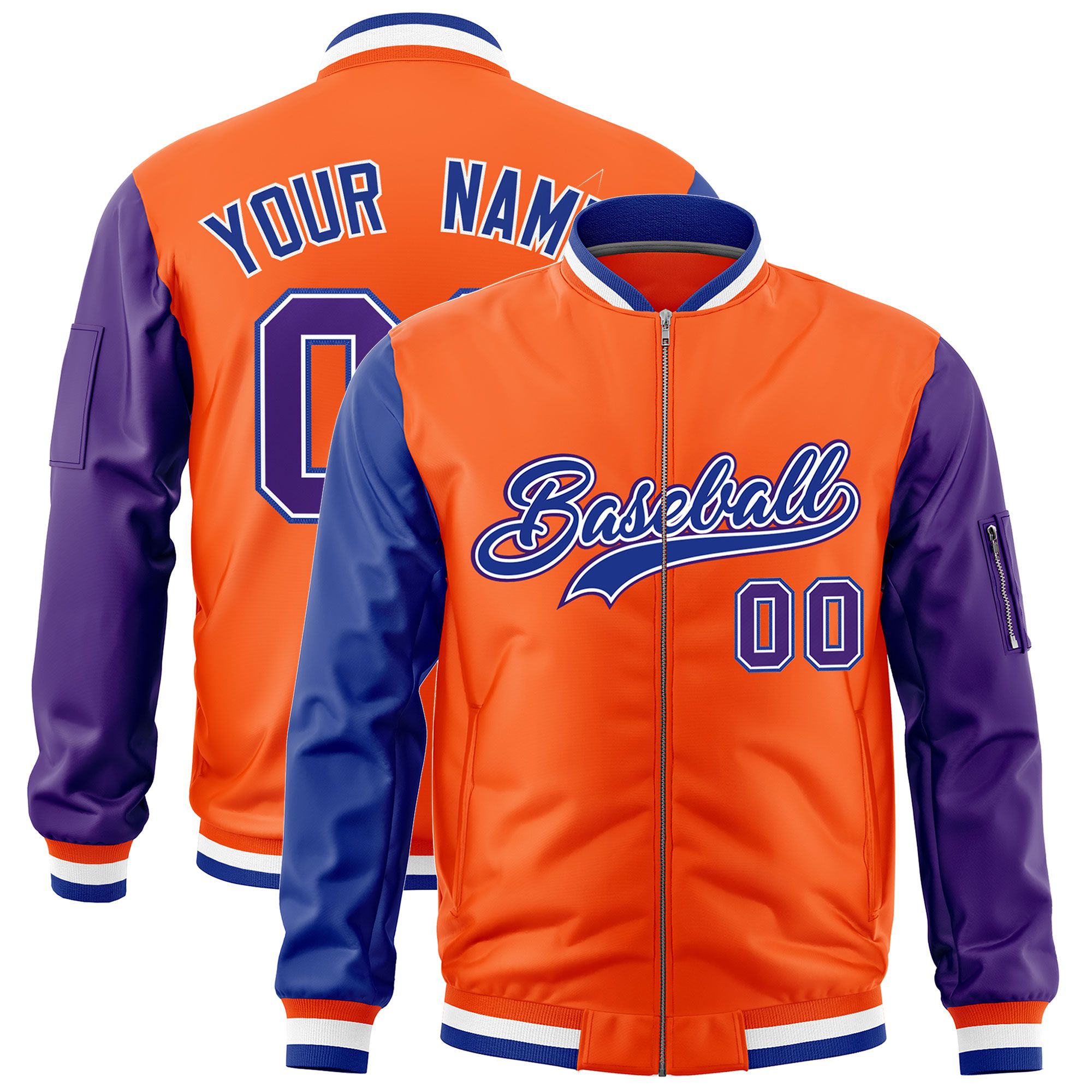 Custom Orange Royal Purple Varsity Full-Zip Raglan Sleeves Letterman Bomber Jacket