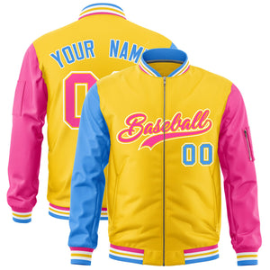 Custom Gold Powder Blue Pink Varsity Full-Zip Raglan Sleeves Letterman Bomber Jacket