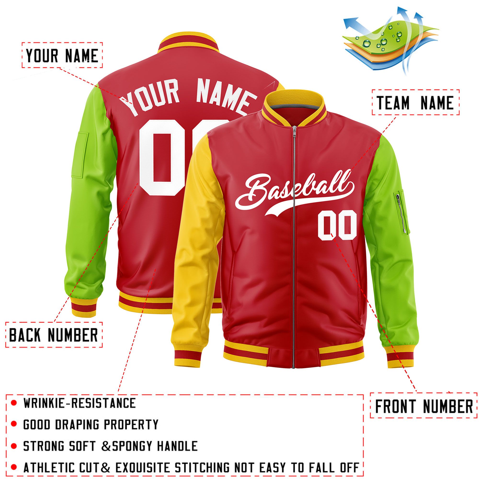 Custom Red Gold Neon Green Varsity Full-Zip Raglan Sleeves Letterman Bomber Jacket