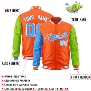 Custom Orange Powder Blue Neon Green Varsity Full-Zip Raglan Sleeves Letterman Bomber Jacket