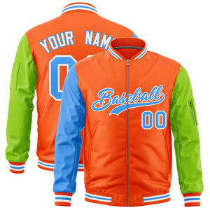 Custom Orange Powder Blue Neon Green Varsity Full-Zip Raglan Sleeves Letterman Bomber Jacket