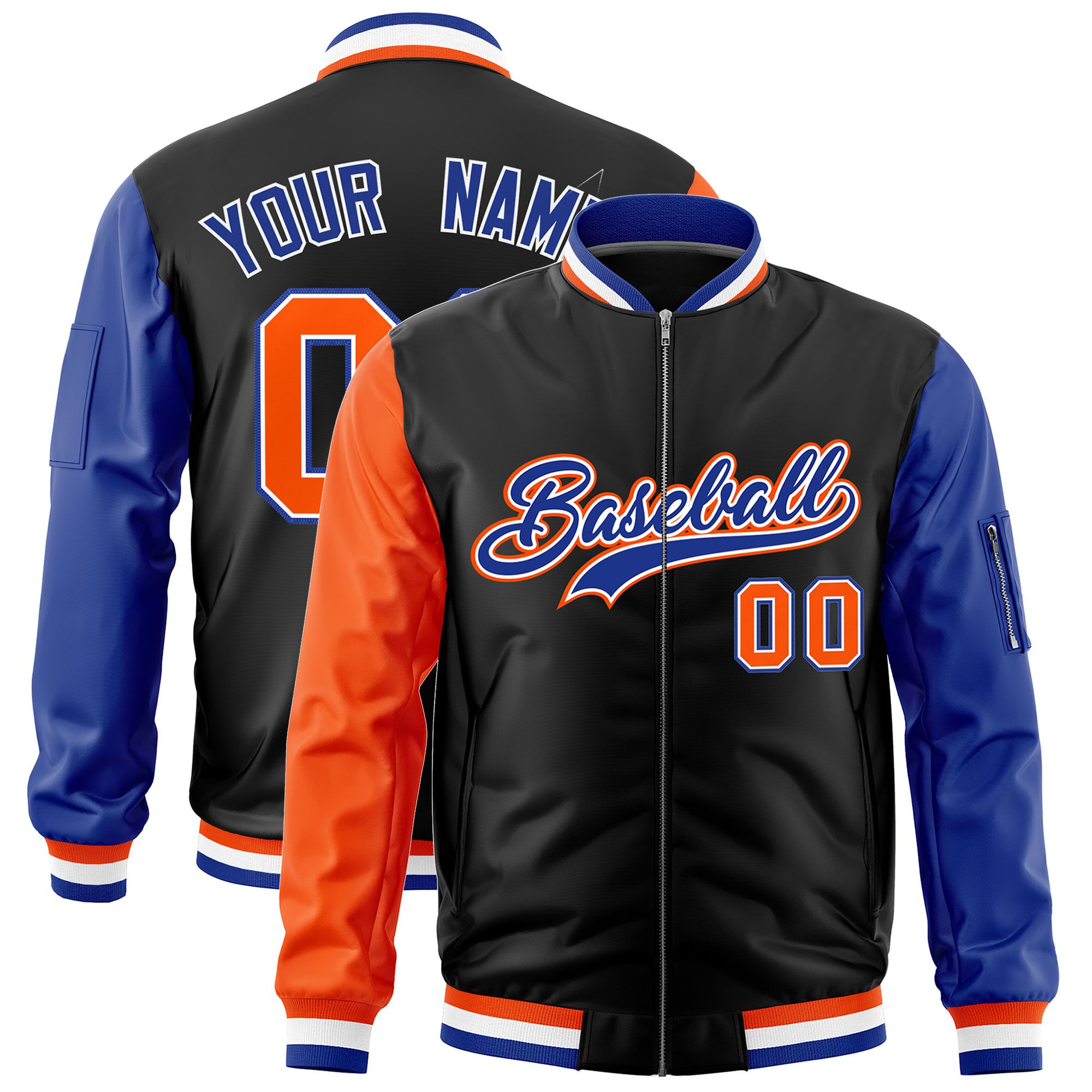 Custom Black Orange Royal Varsity Full-Zip Raglan Sleeves Letterman Bomber Jacket