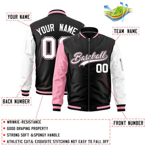 Custom Black Light Pink White Varsity Full-Zip Raglan Sleeves Letterman Bomber Jacket