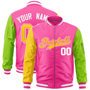 Custom Pink Gold Neon Green Varsity Full-Zip Raglan Sleeves Letterman Bomber Jacket