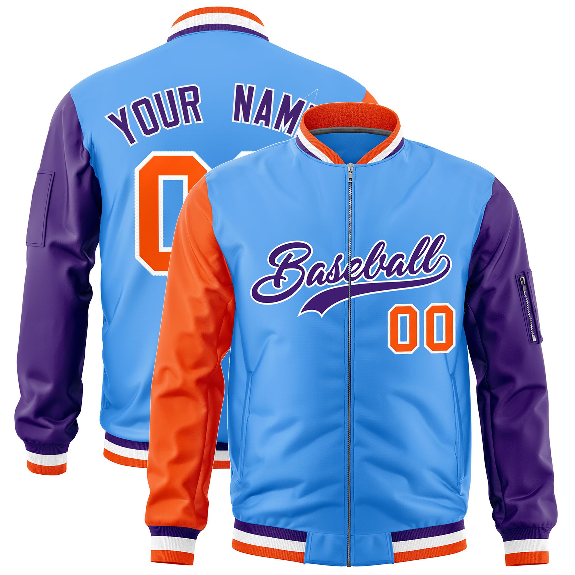 Custom Powder Blue Orange Purple Varsity Full-Zip Raglan Sleeves Letterman Bomber Jacket