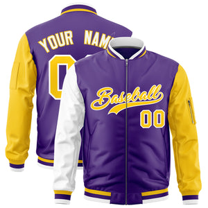 Custom Purple White Gold Varsity Full-Zip Raglan Sleeves Letterman Bomber Jacket