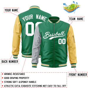 Custom Kelly Green Silver Old Gold Varsity Full-Zip Raglan Sleeves Letterman Bomber Jacket