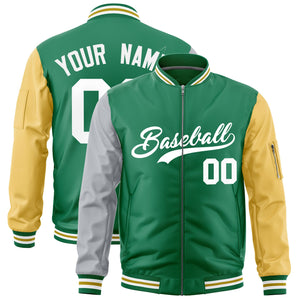 Custom Kelly Green Silver Old Gold Varsity Full-Zip Raglan Sleeves Letterman Bomber Jacket