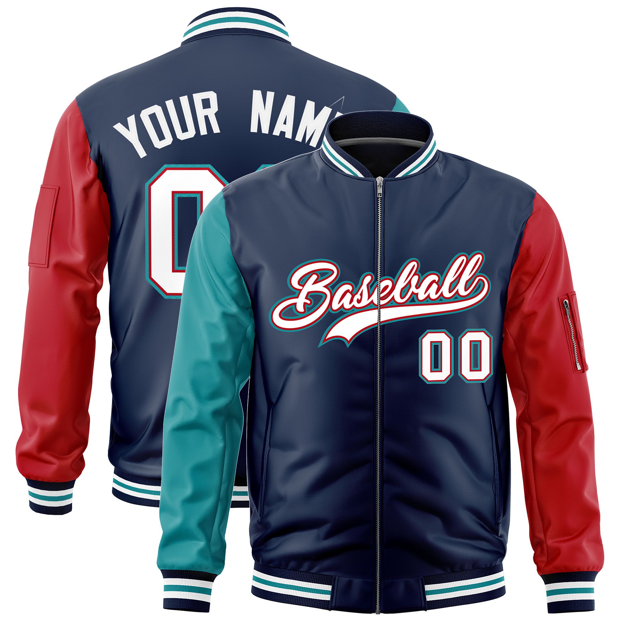 Custom Navy Aqua Red Varsity Full-Zip Raglan Sleeves Letterman Bomber Jacket