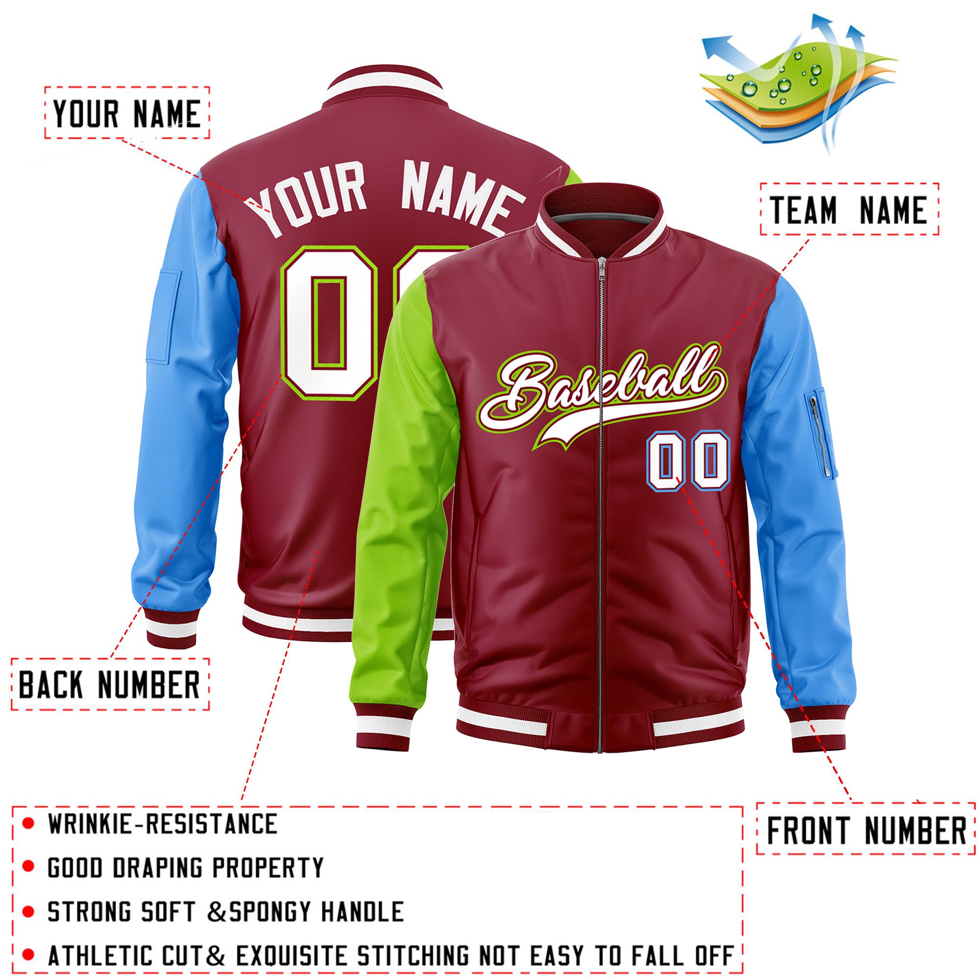 Custom Crimson Neon Green Powder Blue Varsity Full-Zip Raglan Sleeves Letterman Bomber Jacket