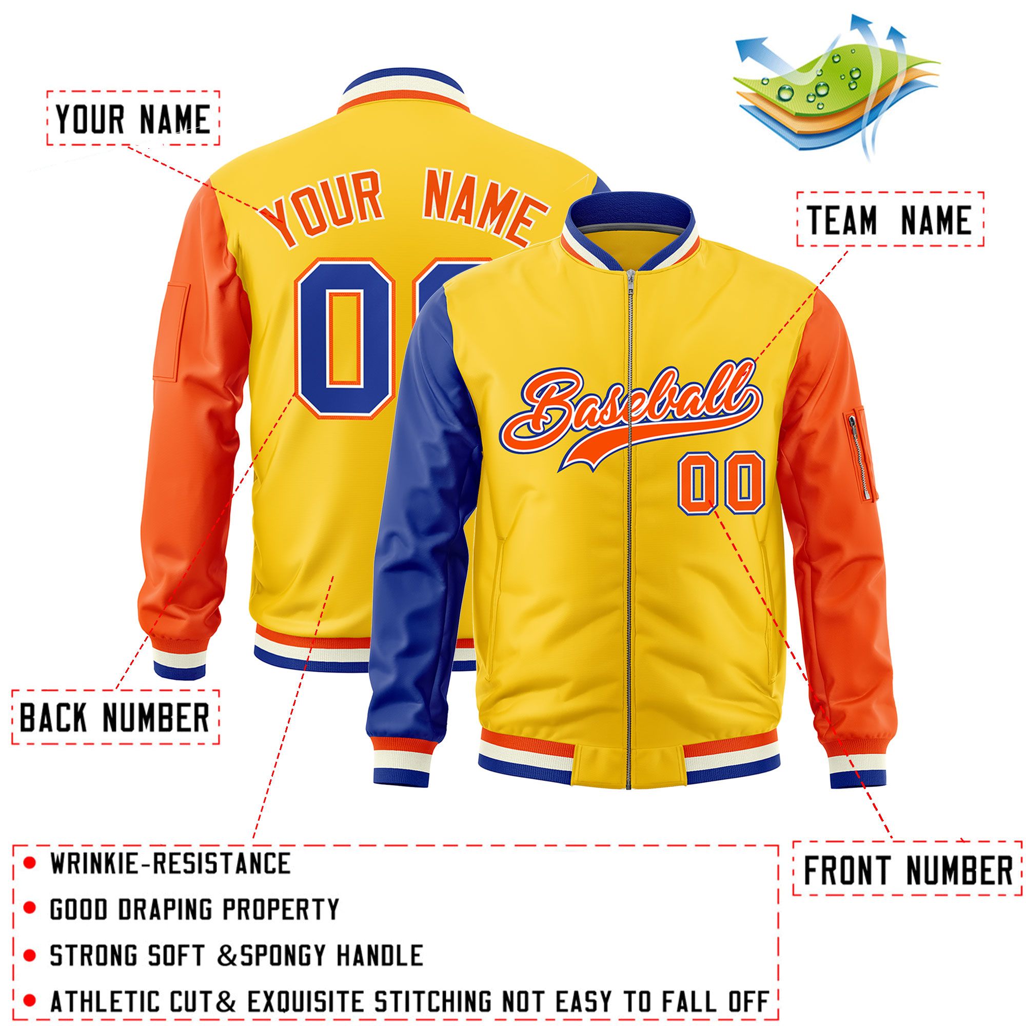 Custom Gold Royal Orange Varsity Full-Zip Raglan Sleeves Letterman Bomber Jacket