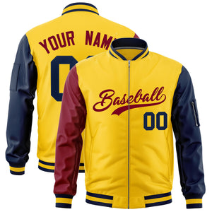 Custom Gold Crimson Navy Varsity Full-Zip Raglan Sleeves Letterman Bomber Jacket